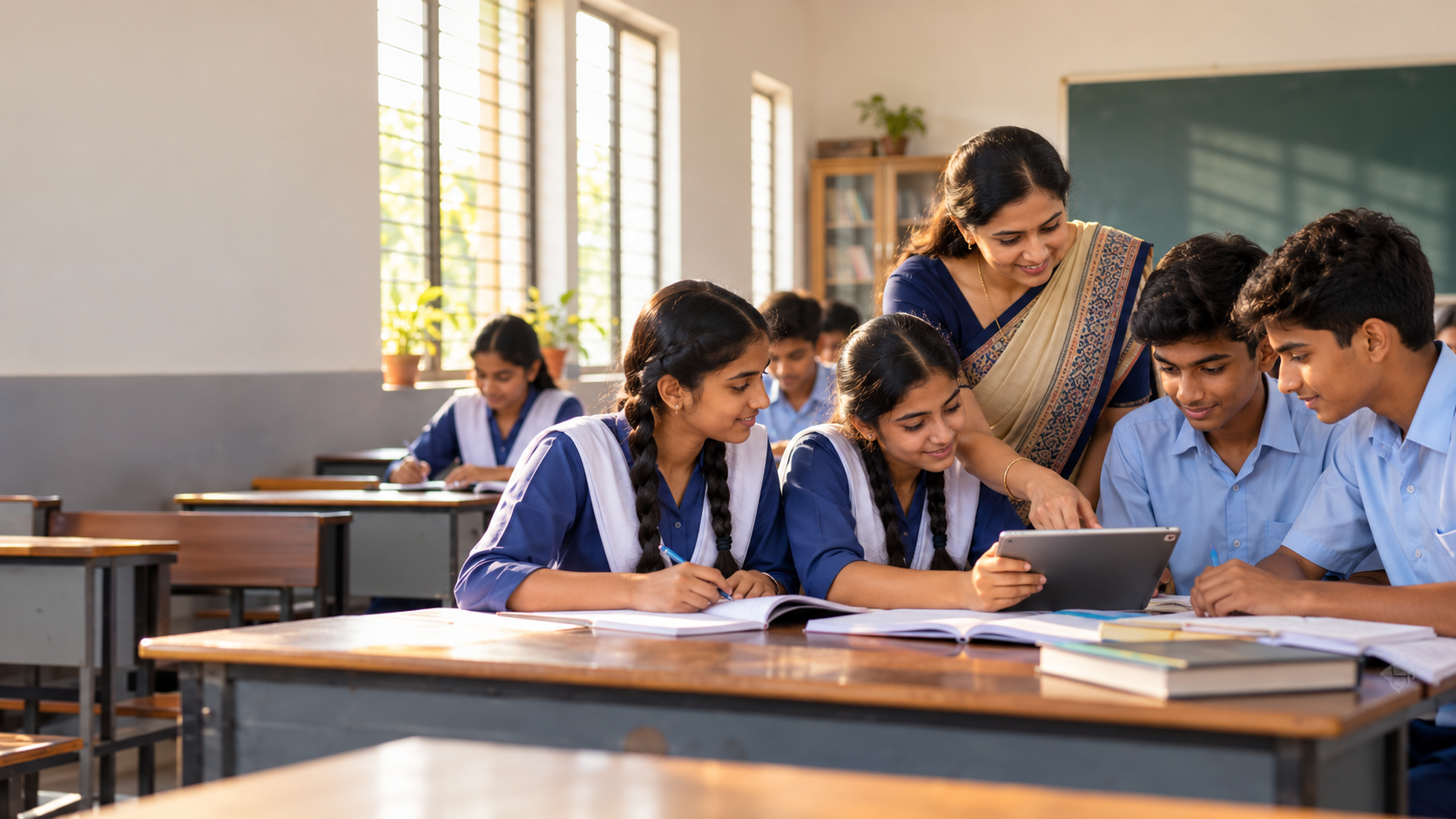 माध्यमिक विद्यालय की कक्षा में शिक्षक और विद्यार्थी
